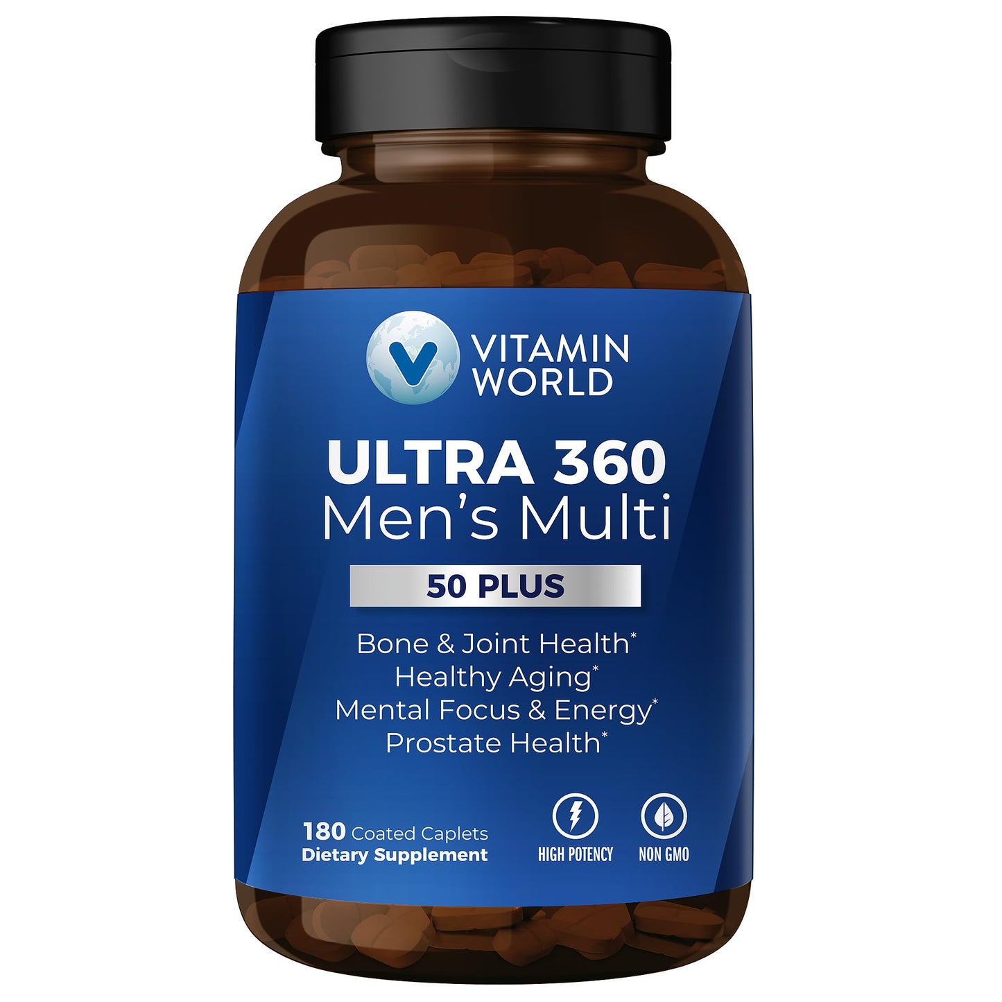 Botella de multivitaminas Vitamin World Ultra 360 para hombres mayores de 50 años