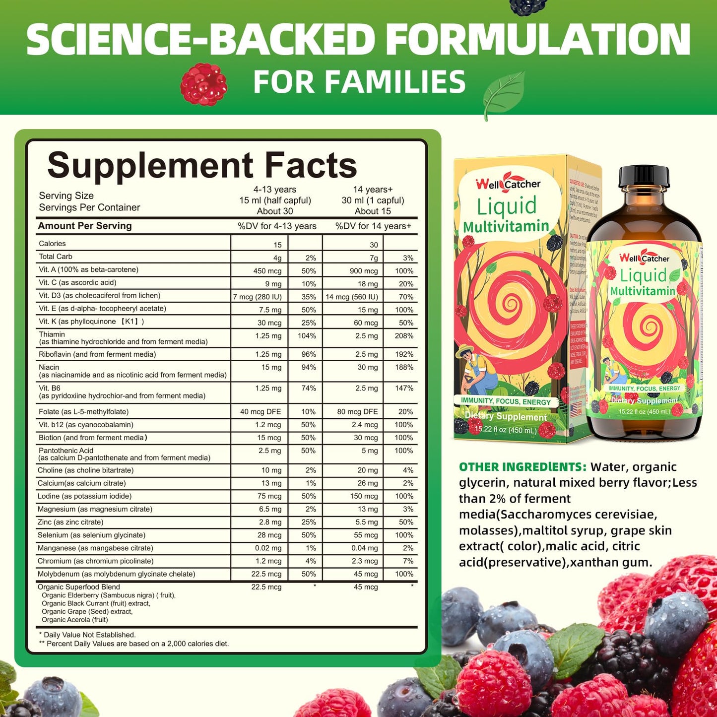 Multivitaminas líquidas para adultos y niños con vaso medidor