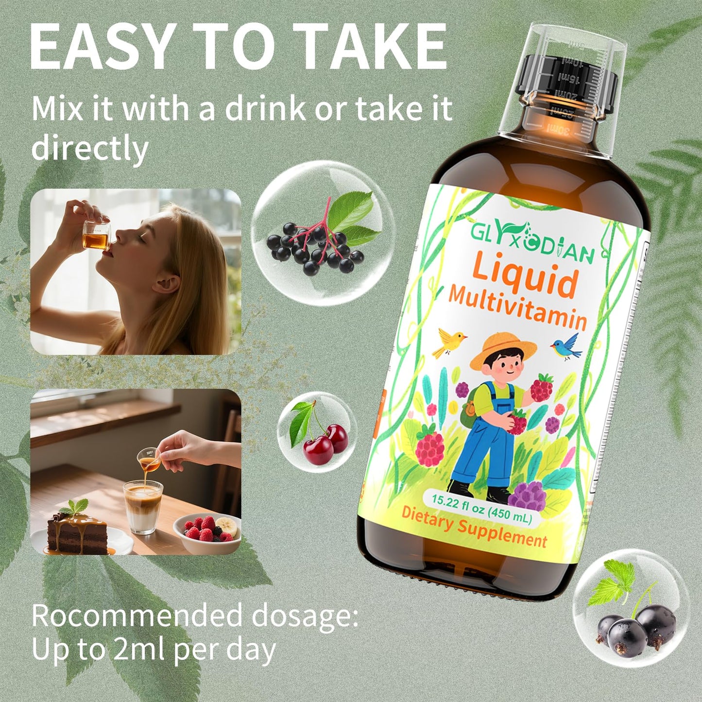 Multivitaminas líquidas Glyxcodian sabor baya envase frontal