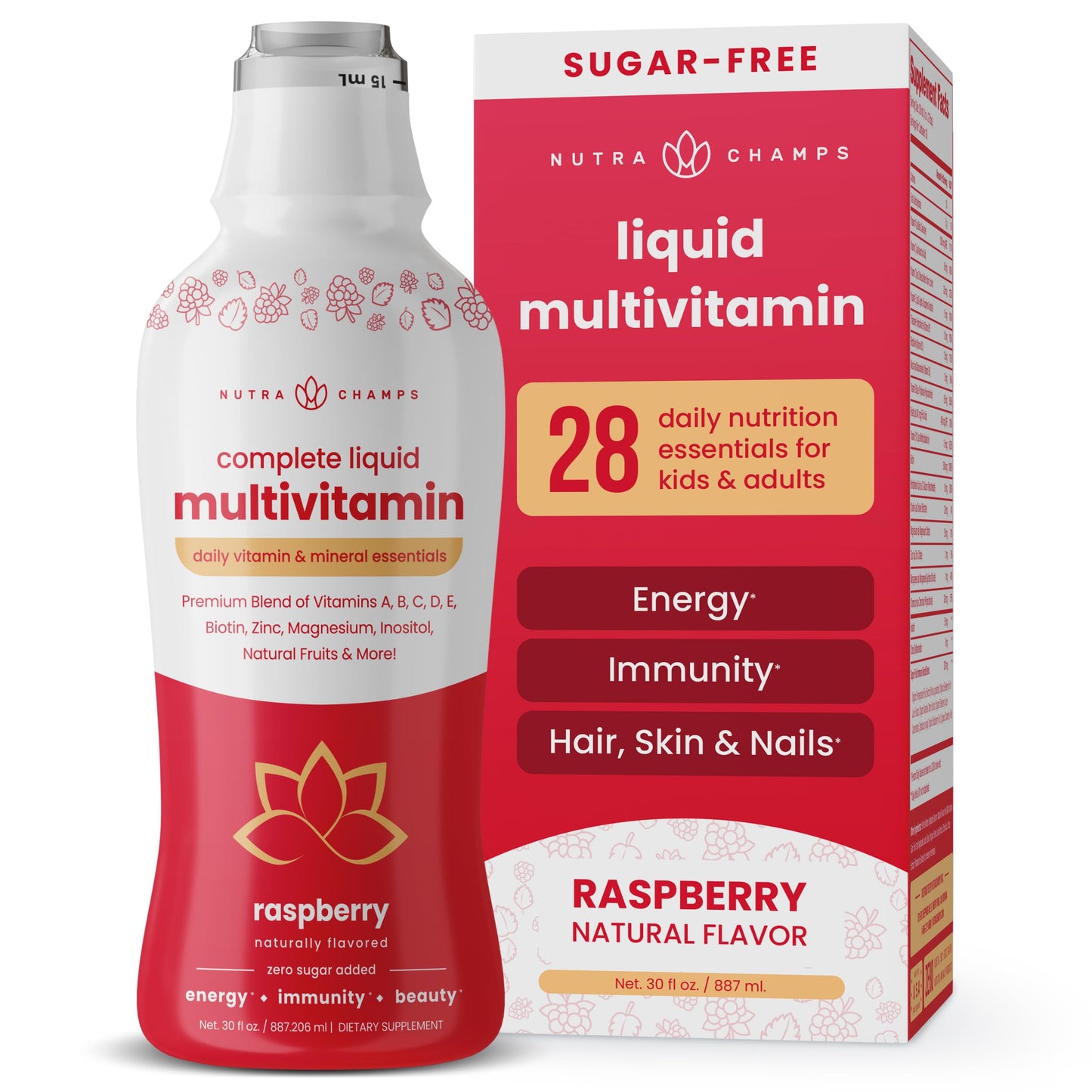 Botella de multivitaminas líquidas con sabor frambuesa