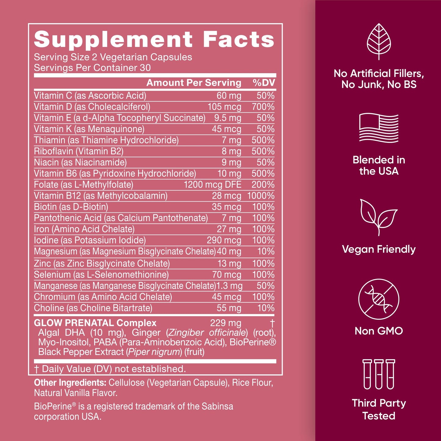 Multivitamínico Glow prenatal con ingredientes naturales
