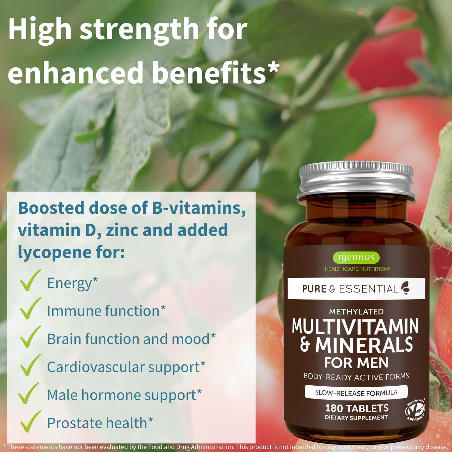 Multivitamínico para hombres Igennus con nutrientes B-vitamins y licopeno.