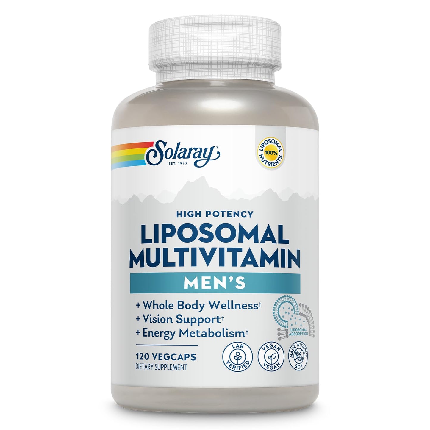 Frasco de multivitamínico liposomal Solaray para hombres