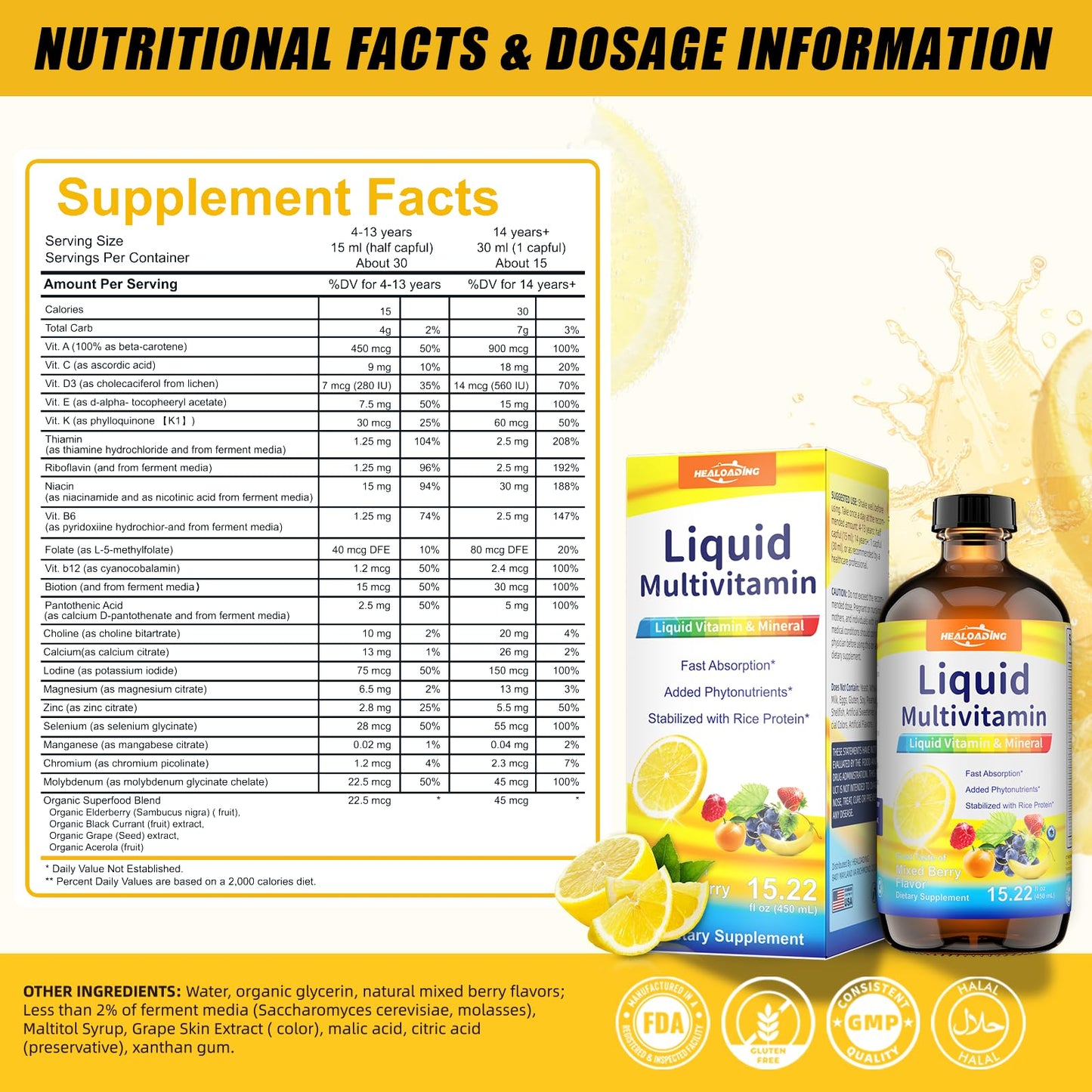 Multivitamínico líquido HEALOADING sabor fruta mixta