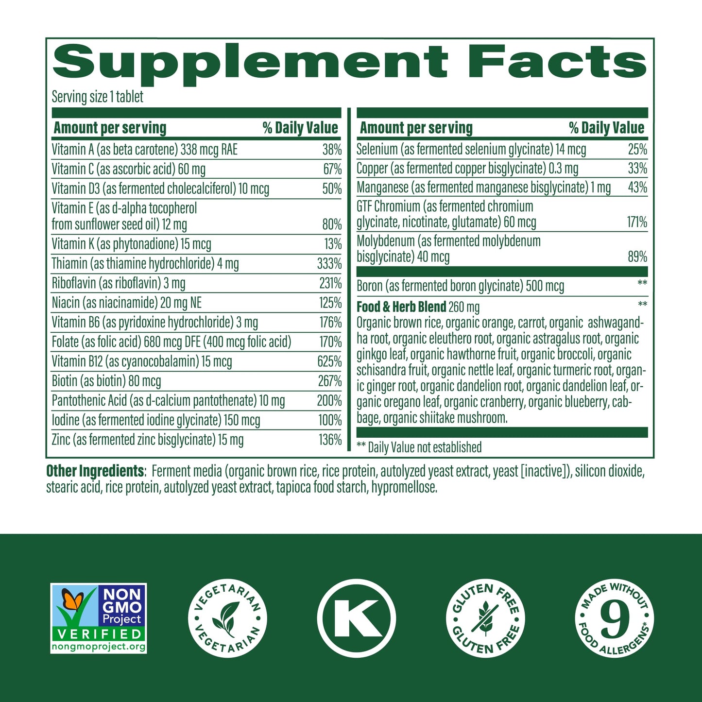 MegaFood multivitamínico con ingredientes naturales y suplemento dietético