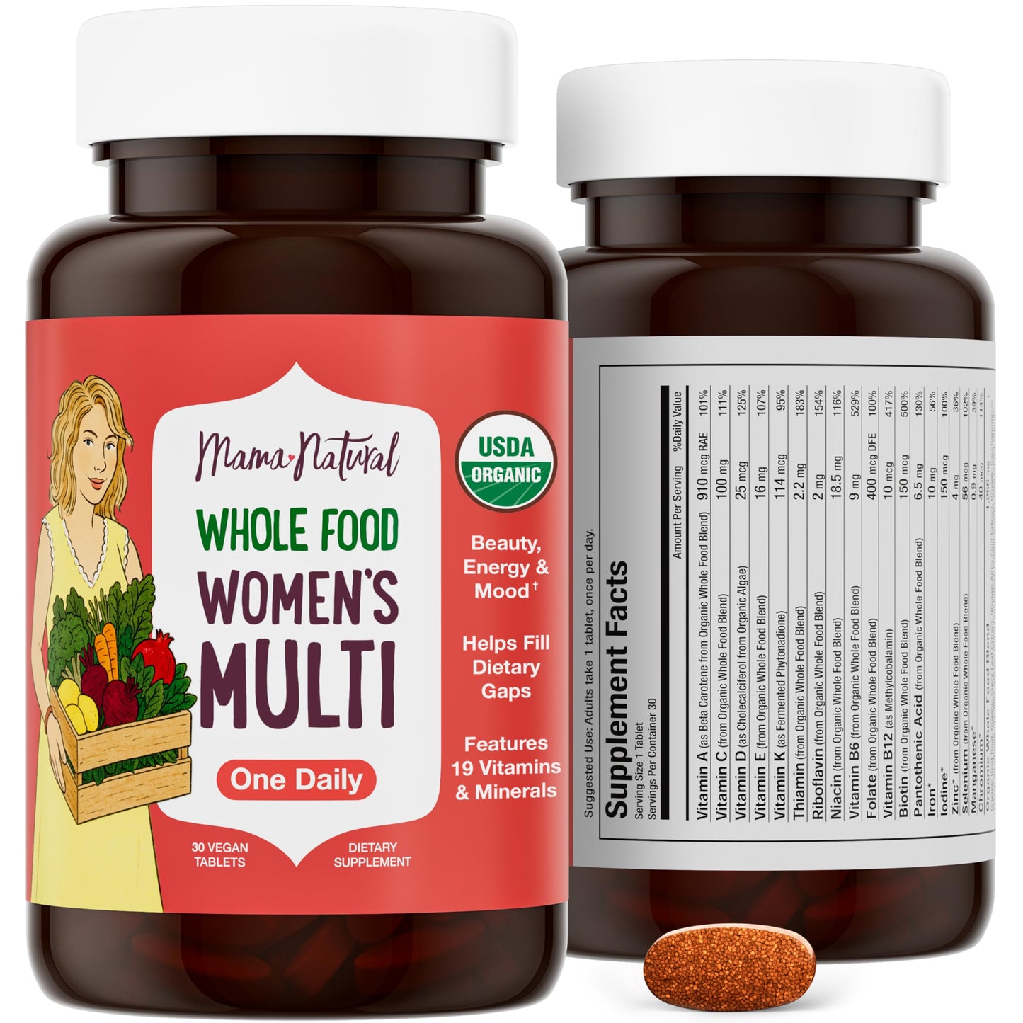 Frasco multivitamínico orgánico Mama Natural para mujeres 30 días
