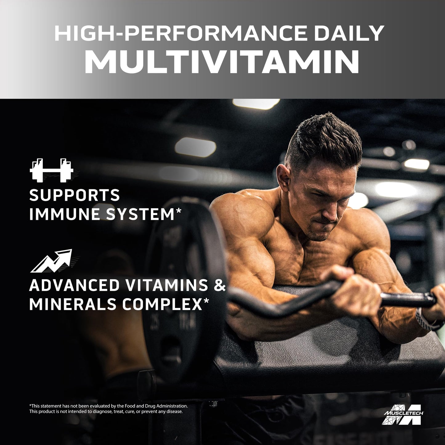 Muscletech multivitaminas con enfoque en el apoyo inmunológico.