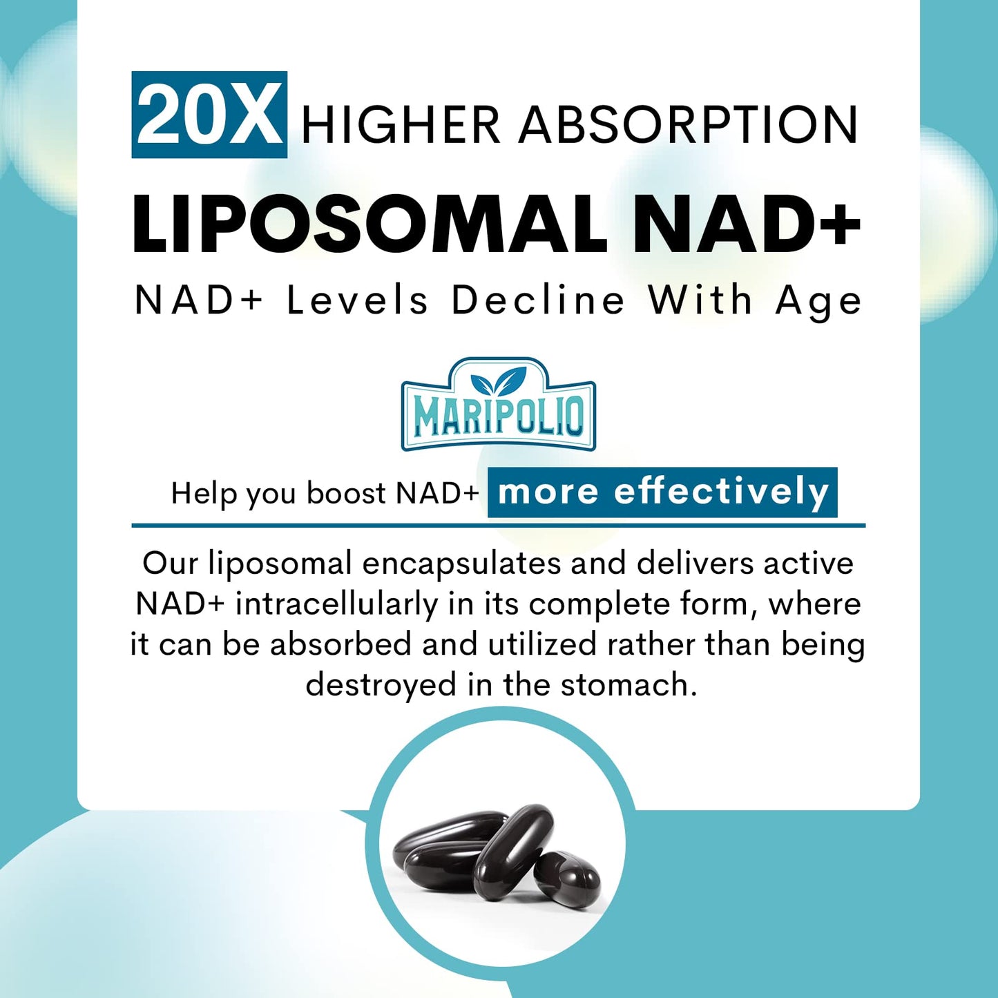 NAD+ liposomal suplemento Maripolio presentación botella y cápsulas