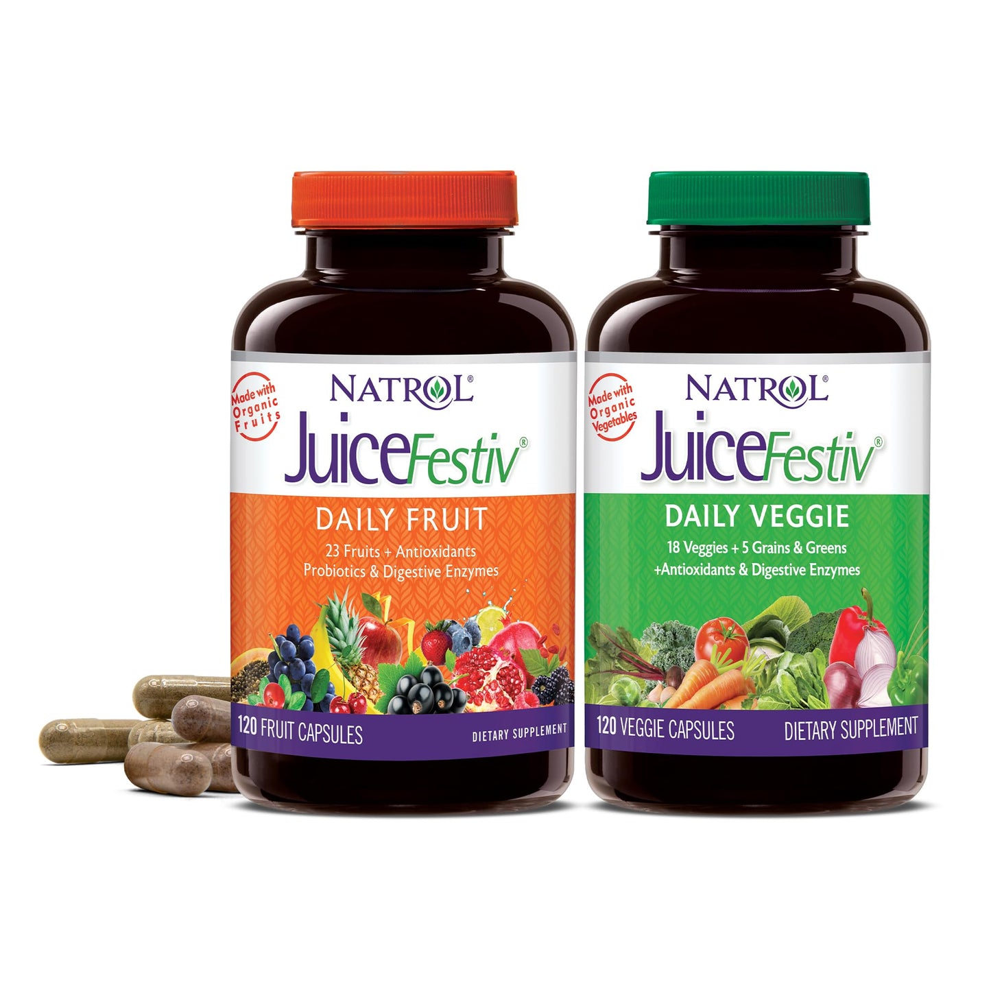 Frente del frasco de Natrol JuiceFestiv cápsulas de frutas y verduras