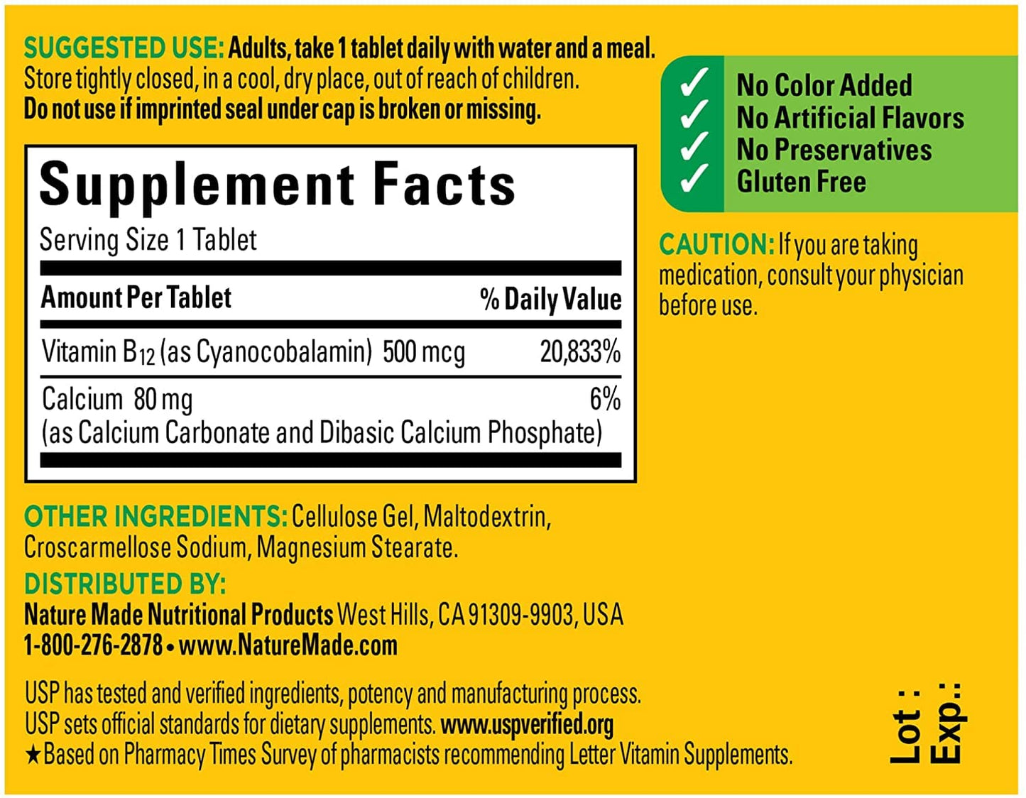 Suplemento natural vitamina B-12 Nature Made 500 mcg 100 tabletas