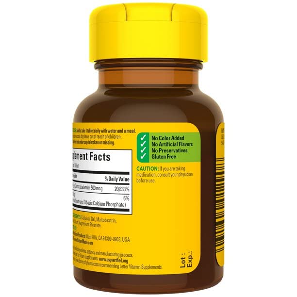 Botella vidrio Nature Made vitamina B-12 500 mcg 100 tabletas
