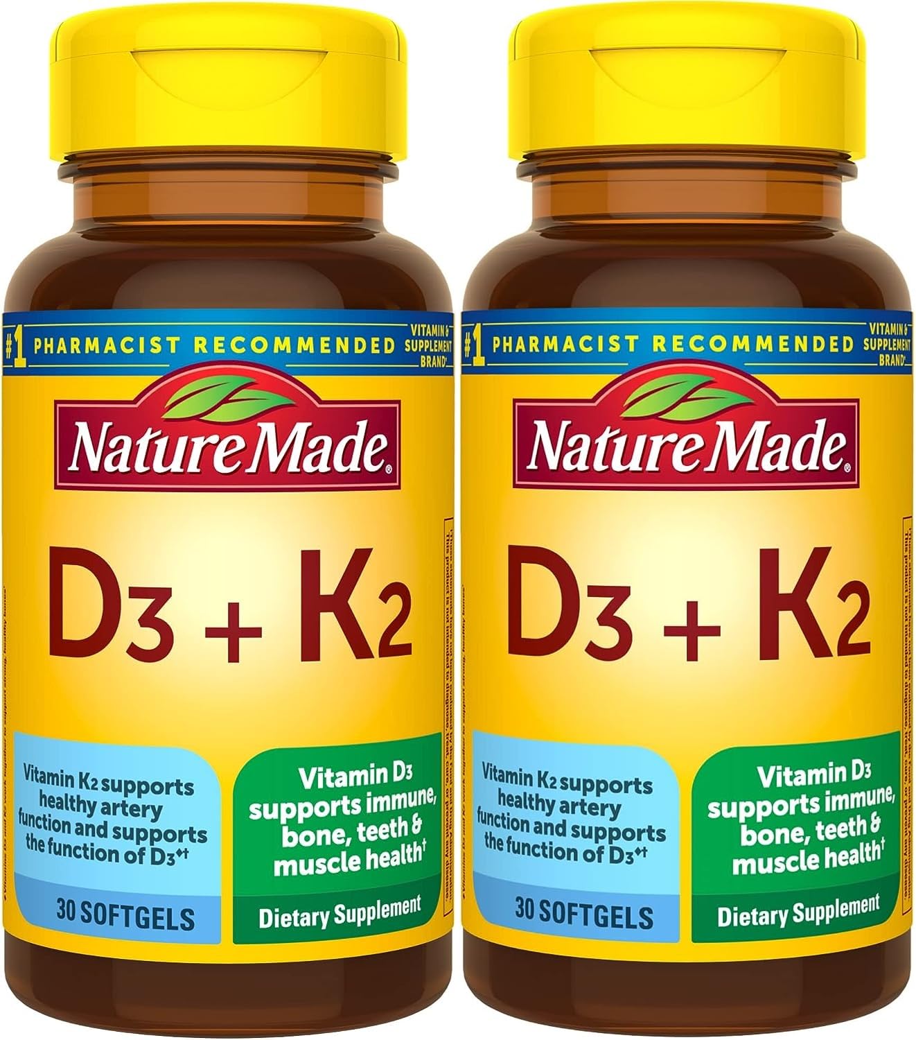 Paquete doble Nature Made Vitamina D3 K2 5000 UI con 30 cápsulas