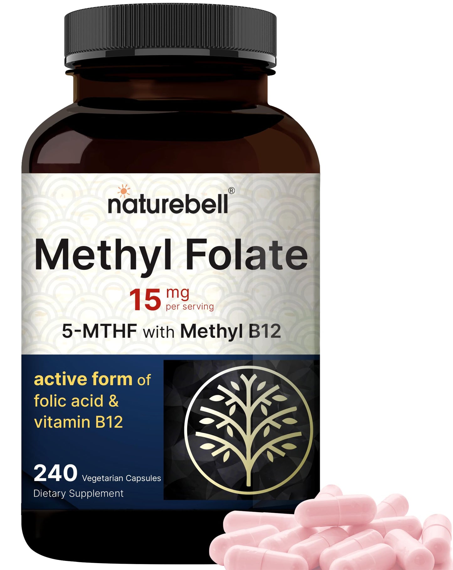 Suplemento NatureBell L metilfolato 15mg con metil B12 240 cápsulas