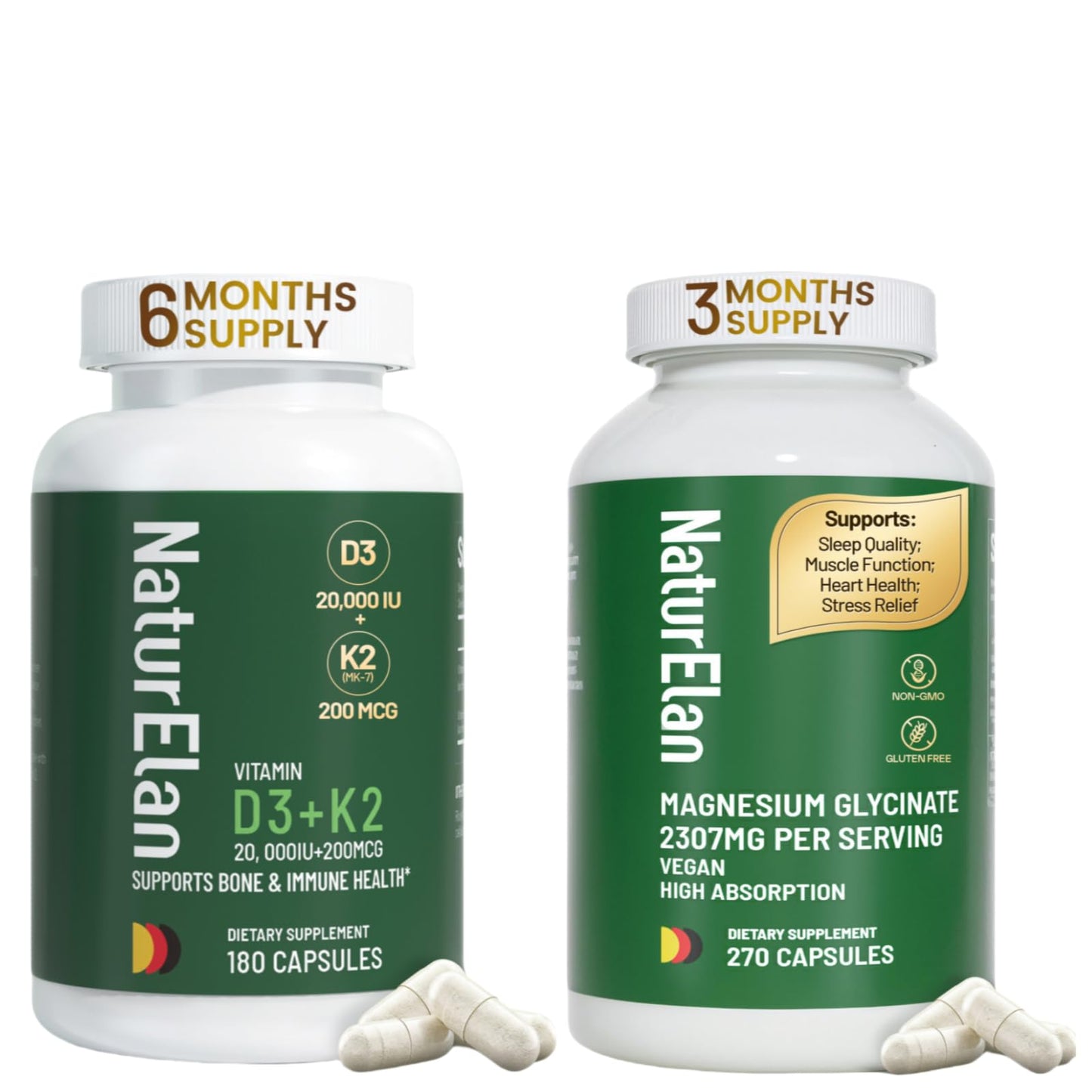 Frasco de cápsulas NaturElan vitamina D3 K2 y magnesio glicinato