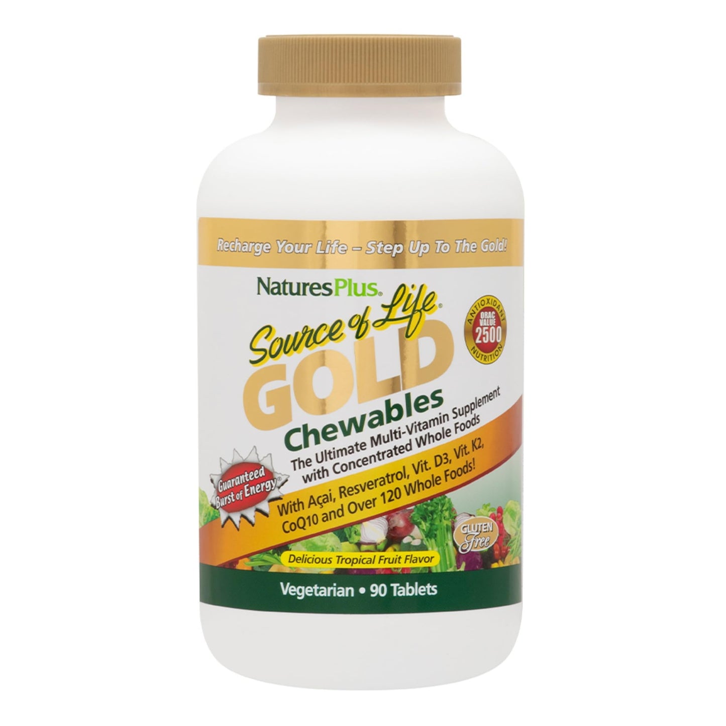 Frasco de multivitamínico Natures Plus Gold con 90 comprimidos.
