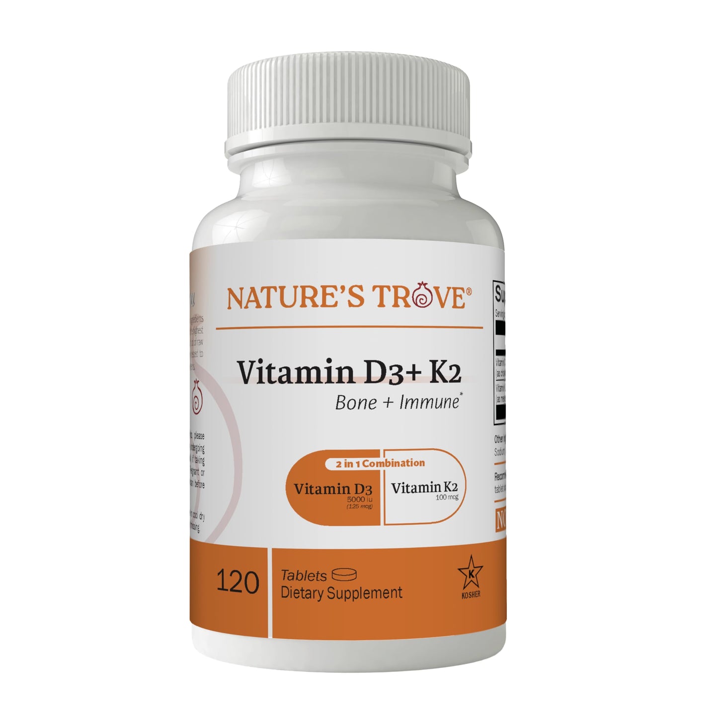 Botella de Nature's Trove Vitamina D3 5000 UI y K2 120 tabletas