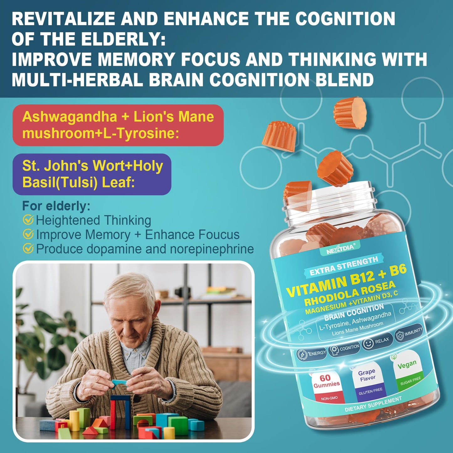 Nextdia gummies para adultos y estudiantes enfocadas y energéticas
