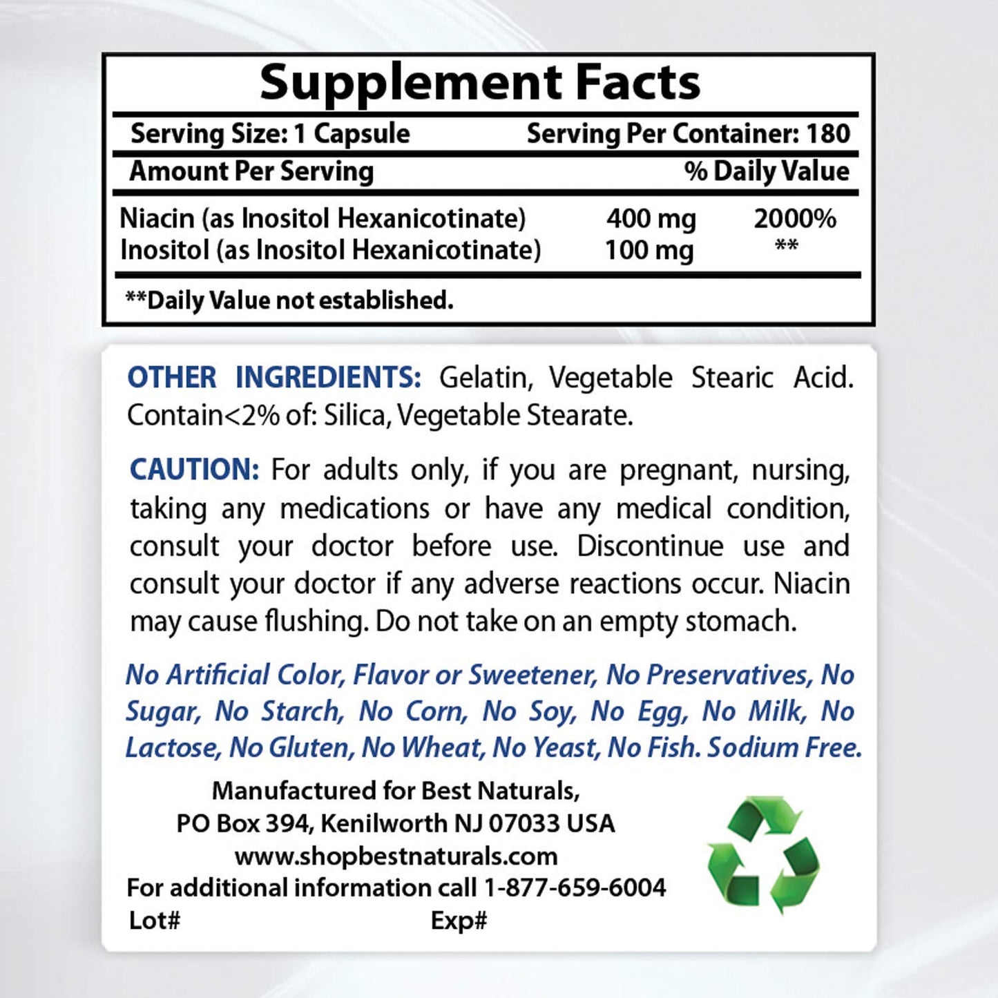 Niacina 500 mg Best Naturals suplemento sin gluten sin OGM 180 capsulas