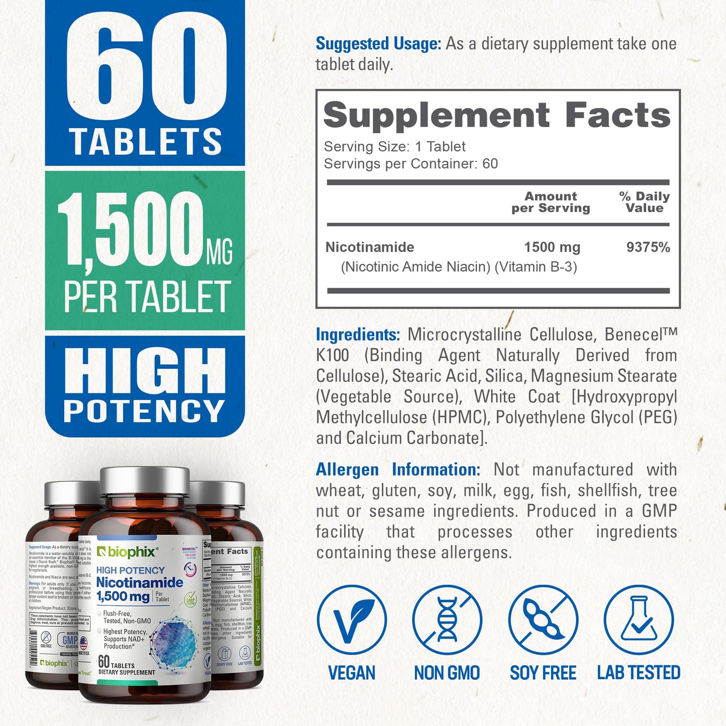 Nicotinamida biophix 60 tabletas sin efectos secundarios ni rubor