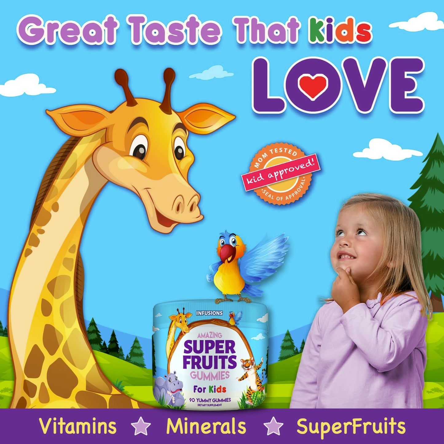 Niña feliz disfrutando gomitas superfrutas Infusions