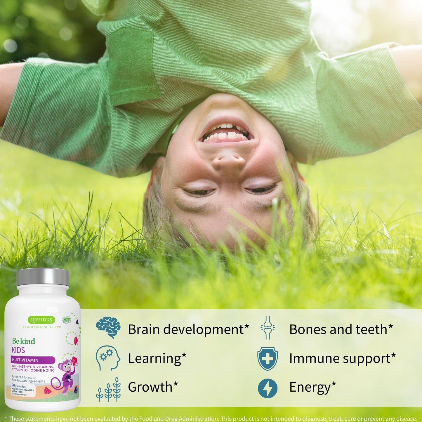 Niño divirtiéndose al revés con multivitamínico Igennus en fondo.