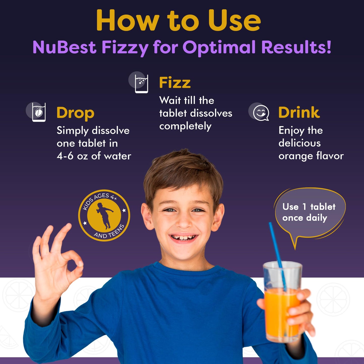Niños tomando bebida efervescente NuBest Tall Fizzy sabor naranja