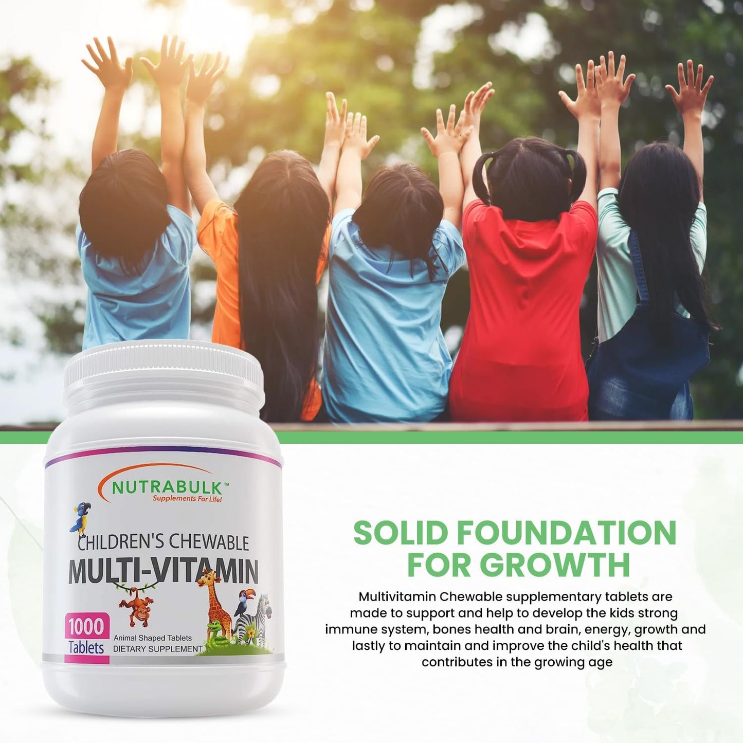 Niños tomando multivitaminas al aire libre.