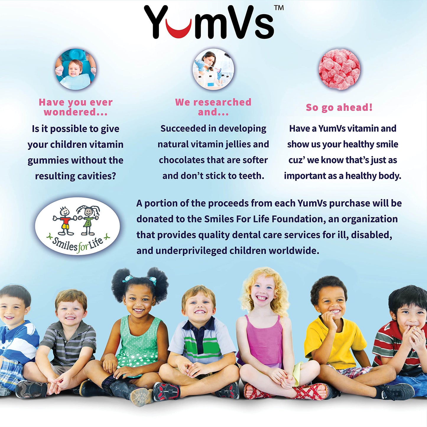 Niños sonriendo junto al logo de YUM-V'S, en una campaña social.