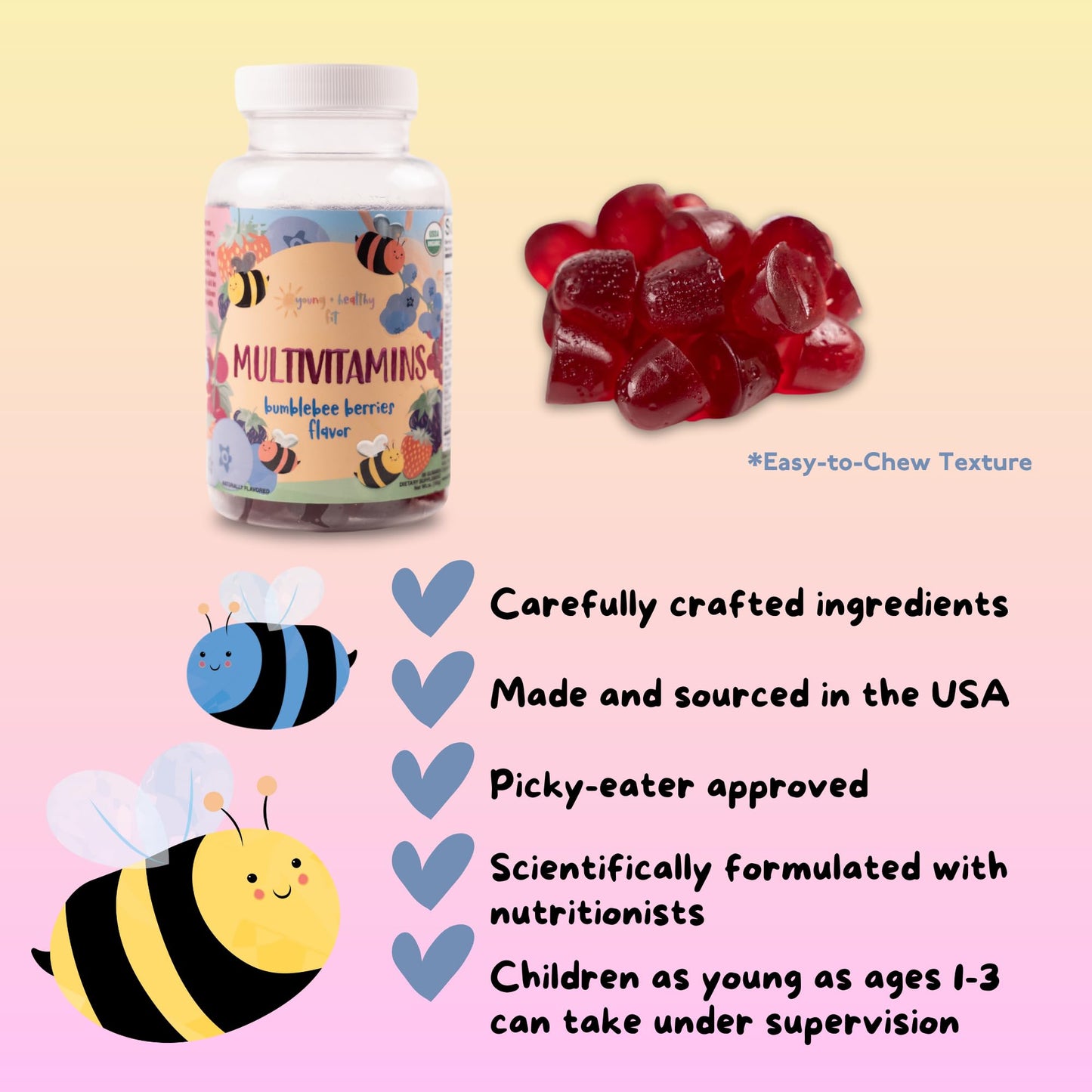 Niños sosteniendo boto de gomitas multivitamínicas.