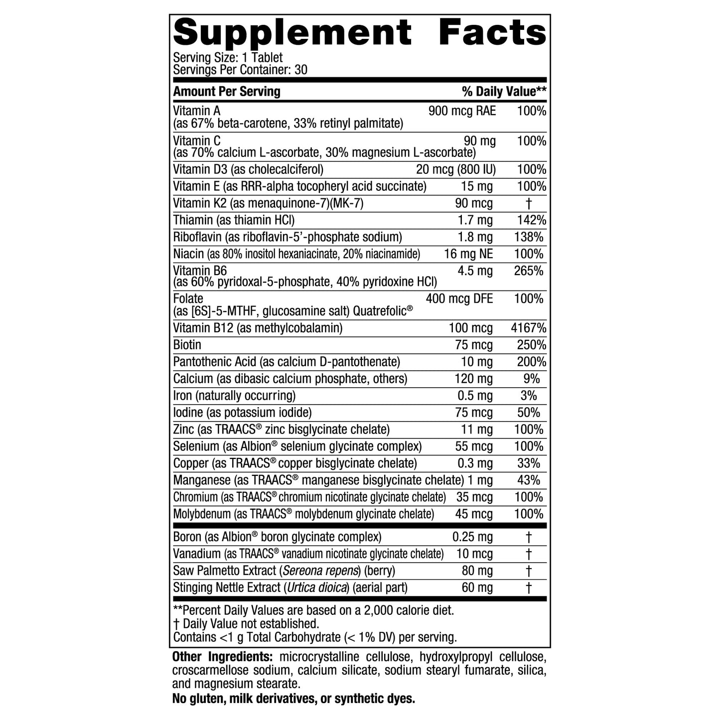 Tabla de ingredientes Nordic Naturals multivitamínico