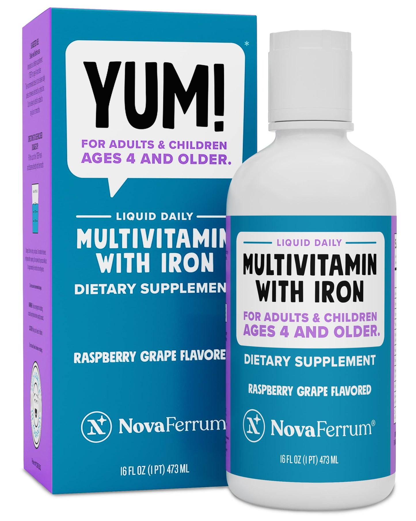 Botella de multivitamínico NovaFerrum Yum con hierro, sabor fruta.