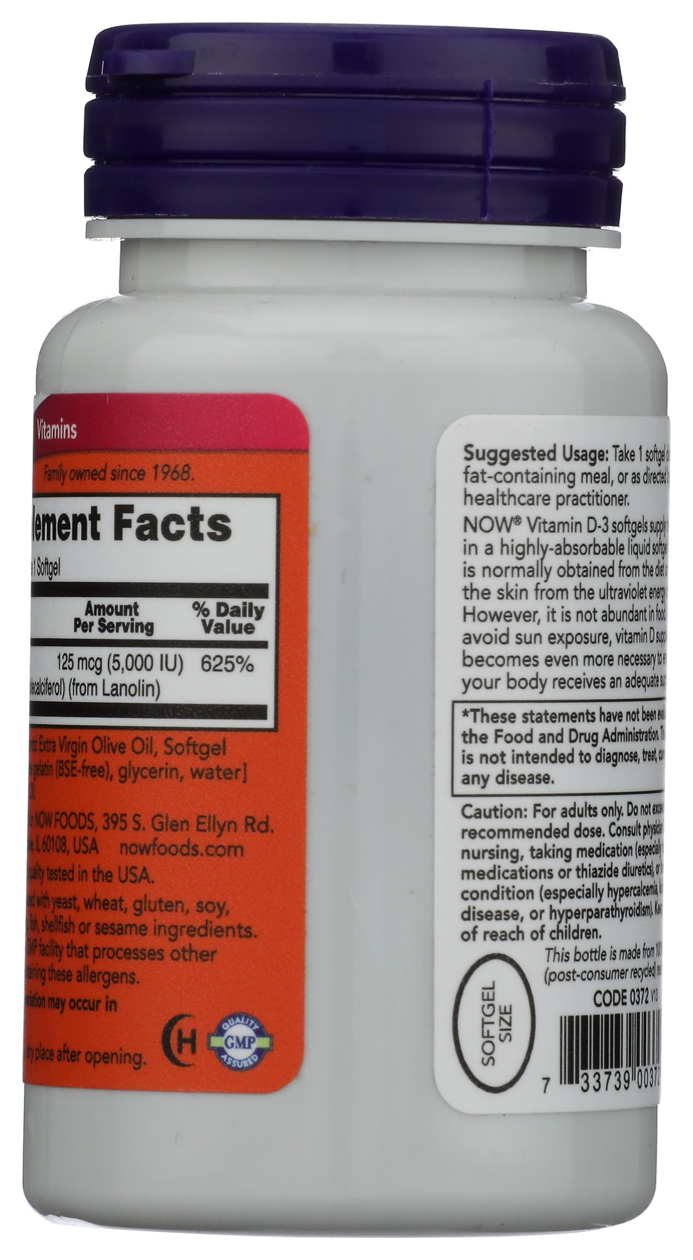 Envase frontal Now Foods D3 5000 IU suplementos en cápsulas