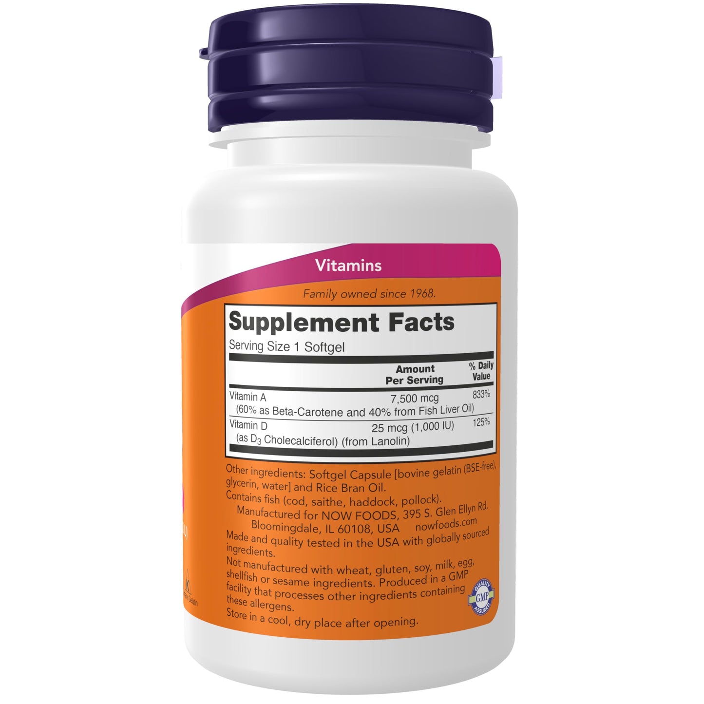 Botella NOW Foods con 100 cápsulas blandas de vitaminas A y D3