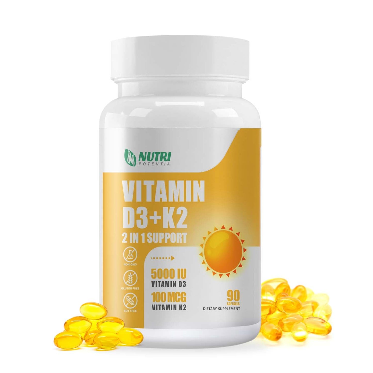 Botella NUTRI POTENTIA vitamina D3 K2 90 softgels aceite MCT