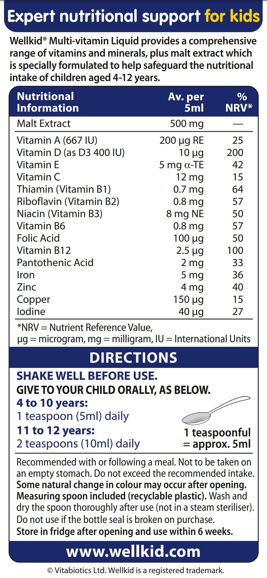 Información nutricional del multivitamínico Wellkid