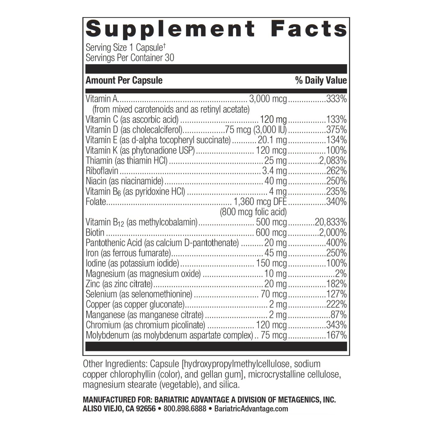 Nutrientes clave del multivitamínico Bariatric Advantage Ultra Solo.