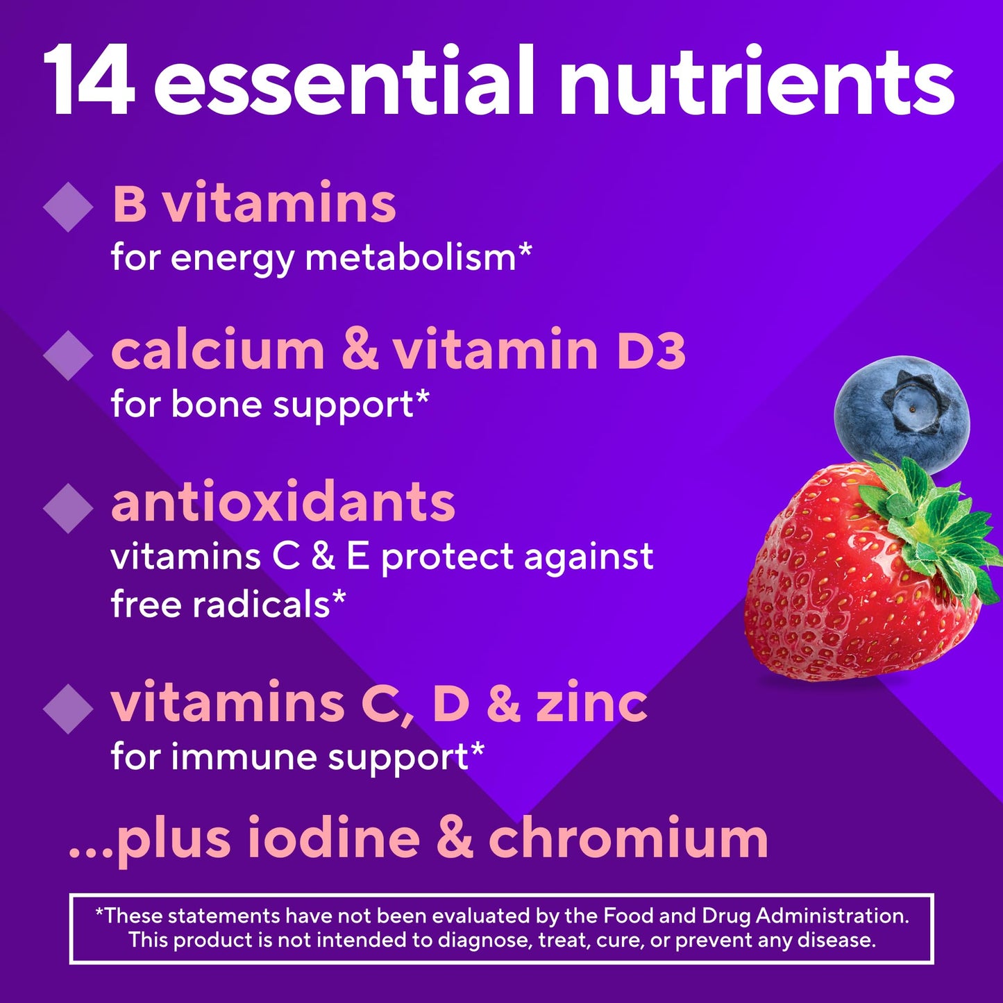 Nutrientes esenciales incluidos en gomitas Vitafusion.
