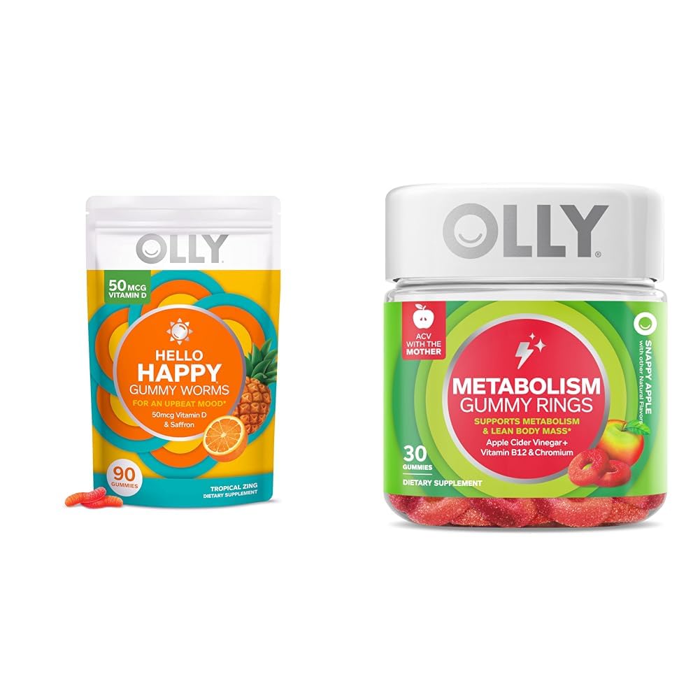 OLLY Hello Happy Gummy Worms y Gummy Rings de Metabolismo en envases