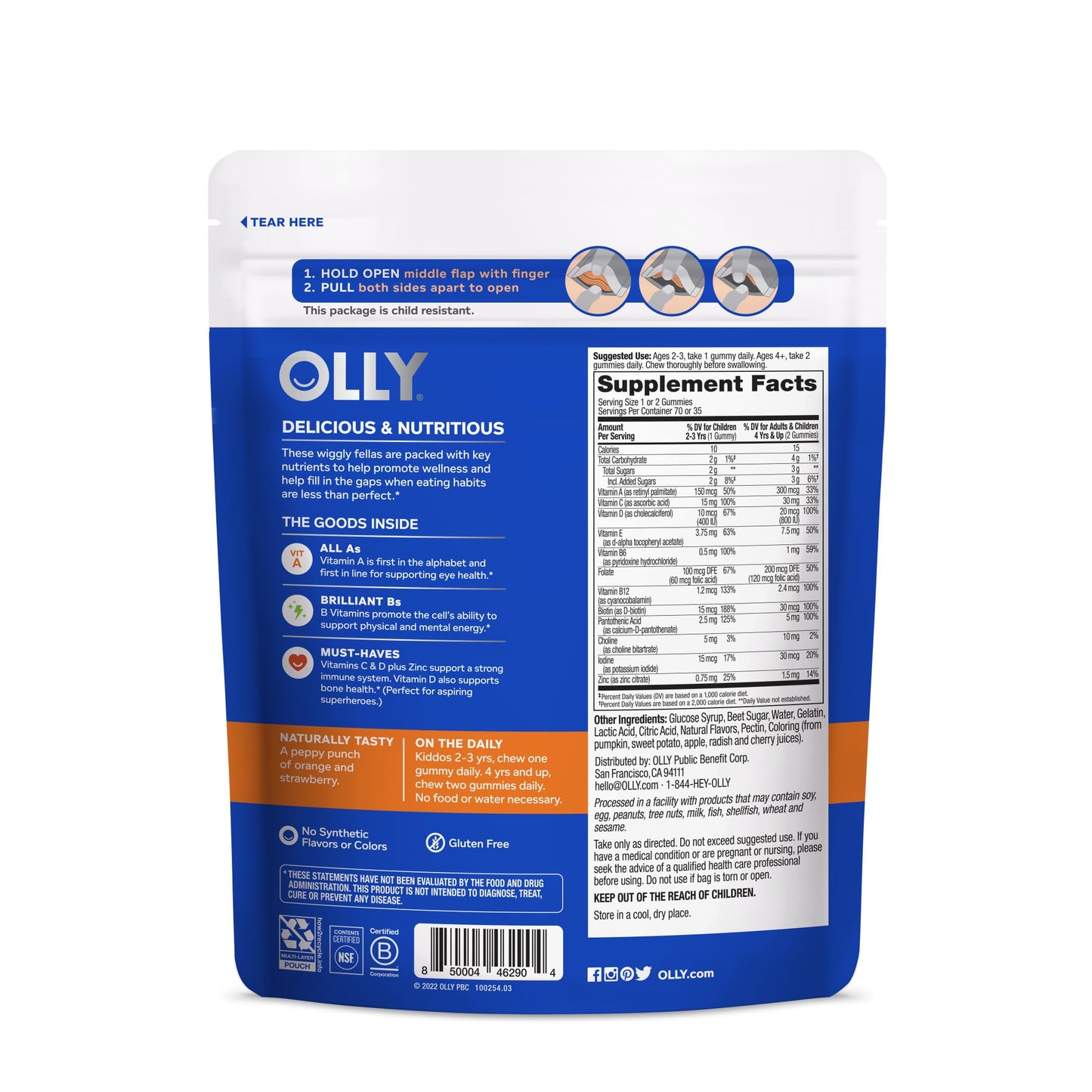 Suplemento masticable para niños OLLY con vitaminas esenciales.