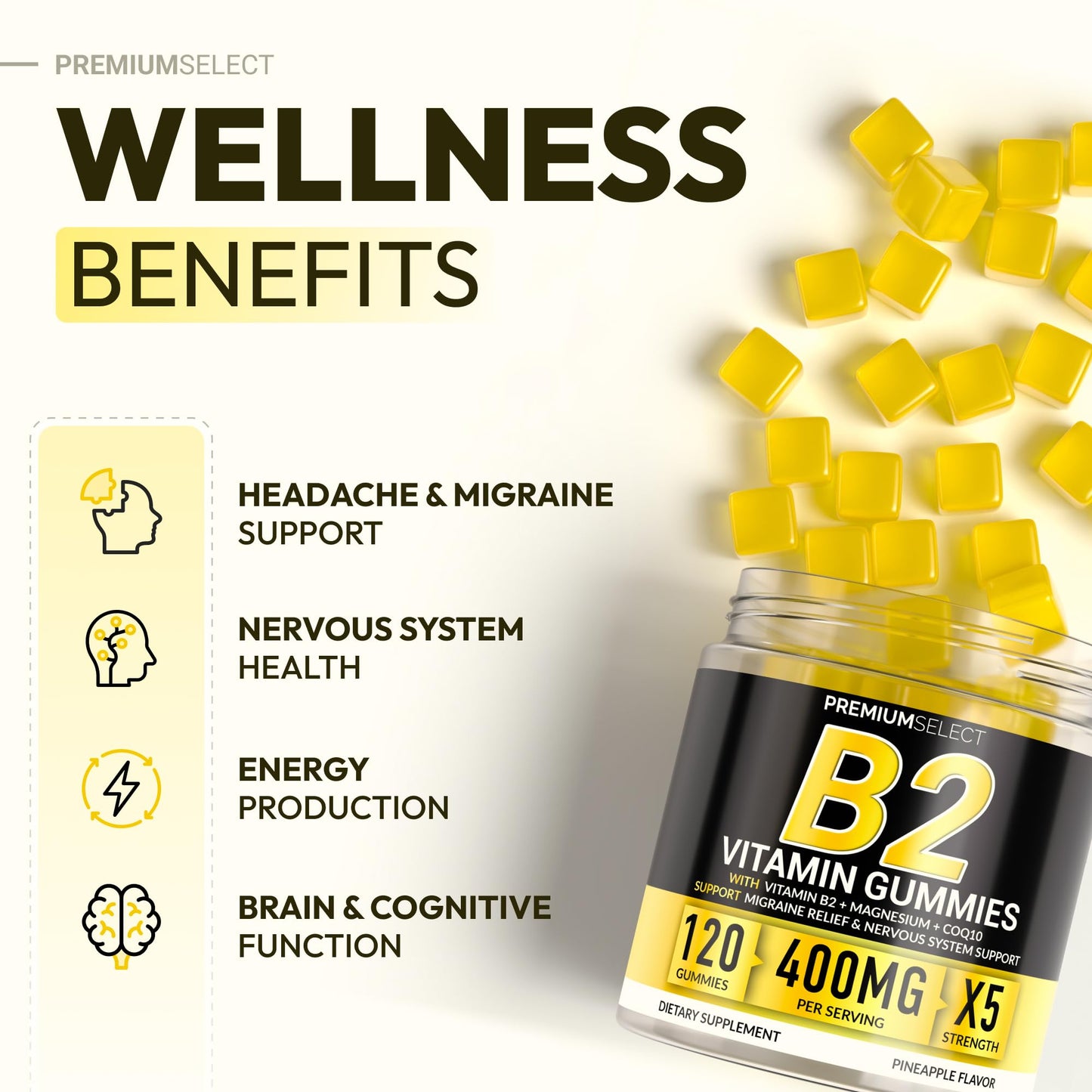 Paquete de 120 gominolas vitamina B2 con magnesio y CoQ10