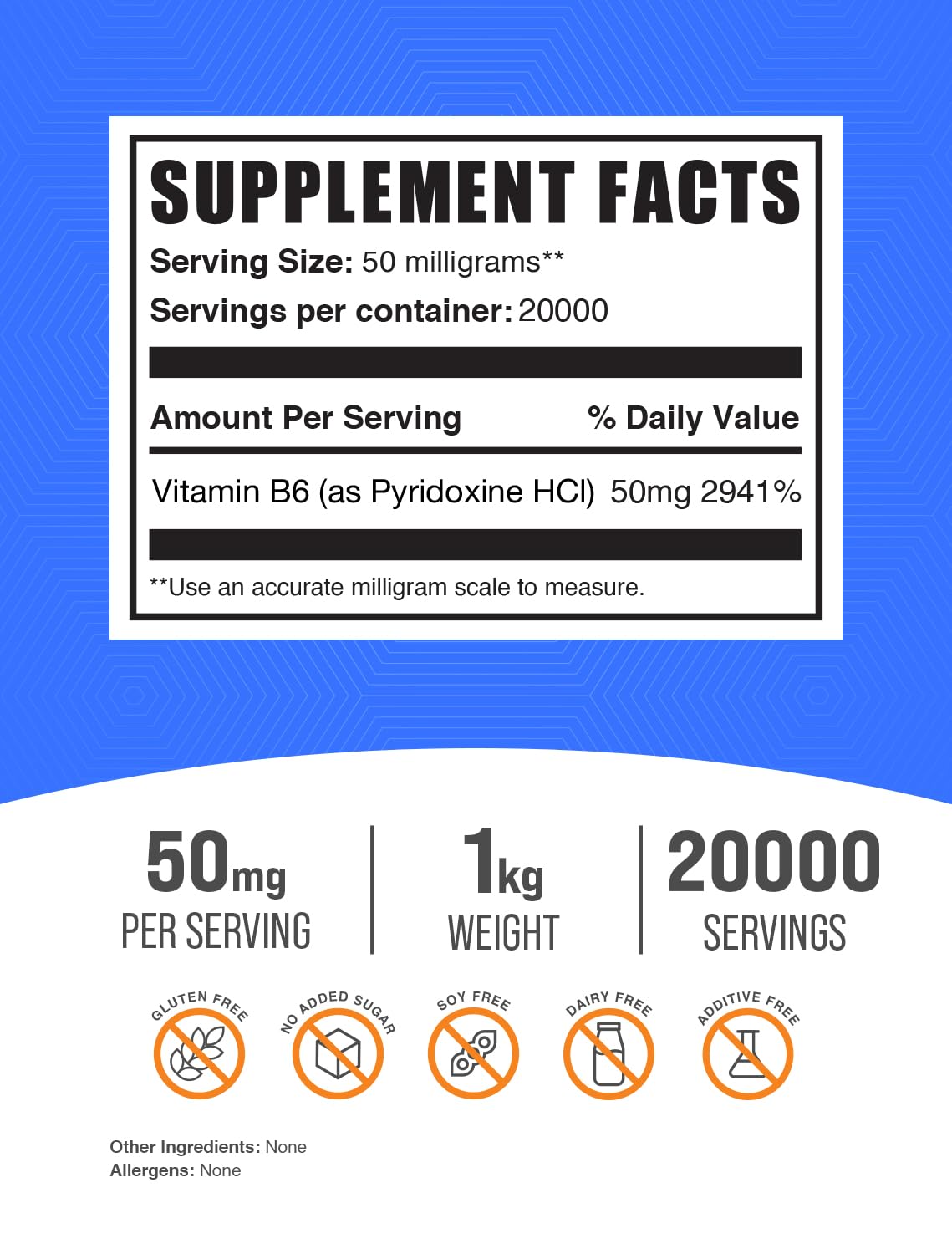 Paquete BulkSupplements polvo B6 50mg sin gluten para energía