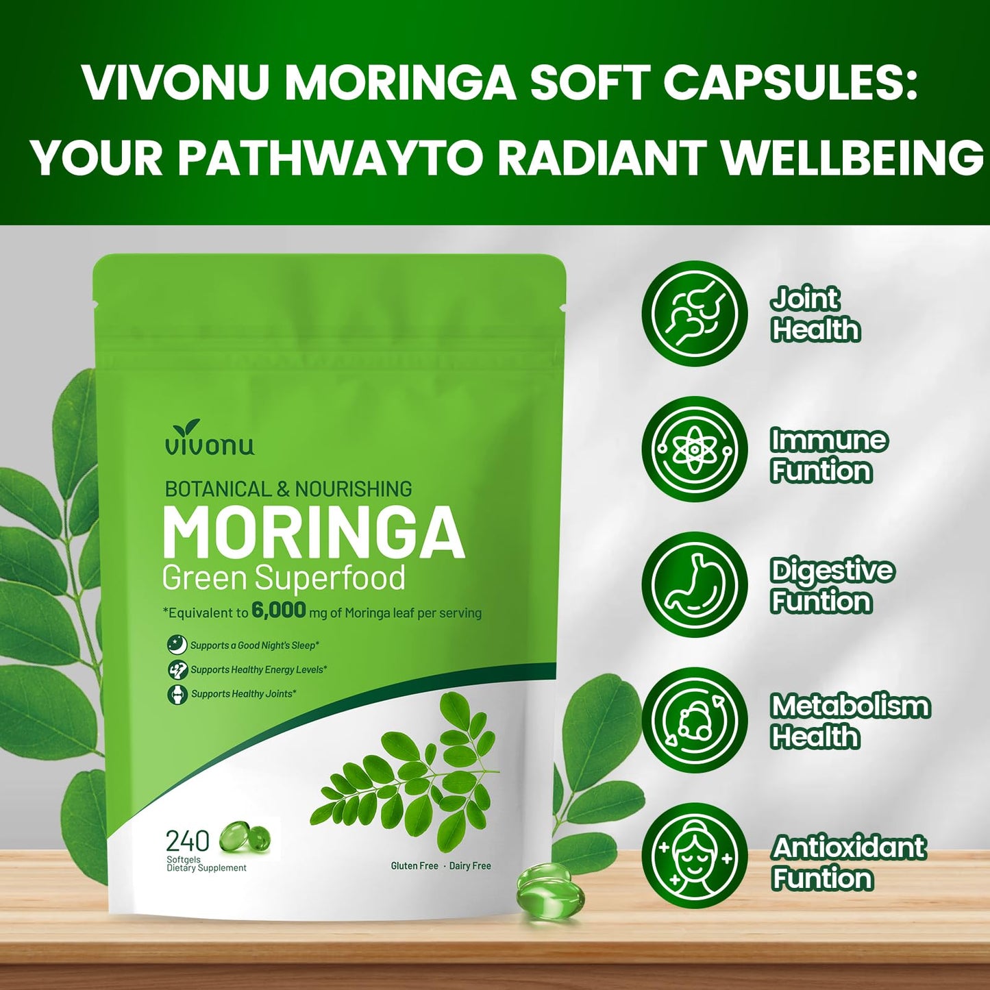 Paquete de cápsulas VivoNu con extracto puro orgánico de moringa
