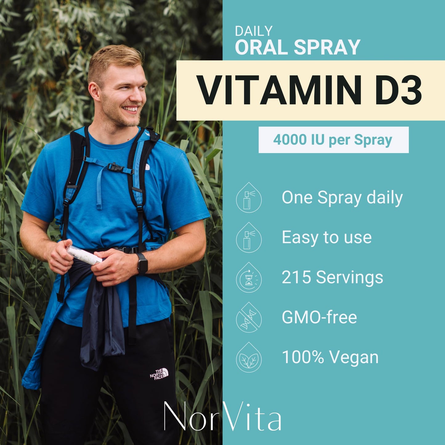 Paquete compacto NorVita spray vitaminas D3 B12 vegano sin OGM