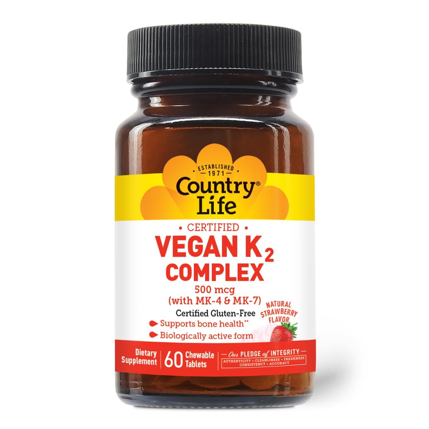 Paquete Country Life vitamina K2 vegana 500 mcg sabor fresa 60 tabletas