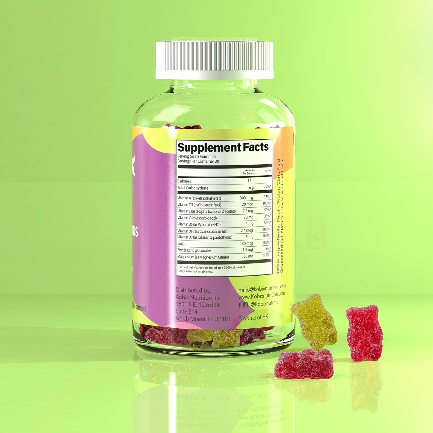 Paquete frontal Kobix multivitaminas en gomitas para niños