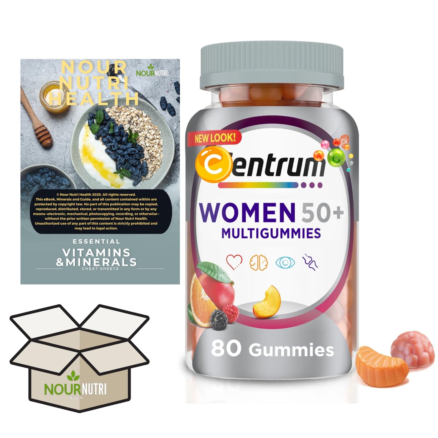 Paquete gomitas multivitaminas mujeres 50+ Nour Nutri Health 80 unid