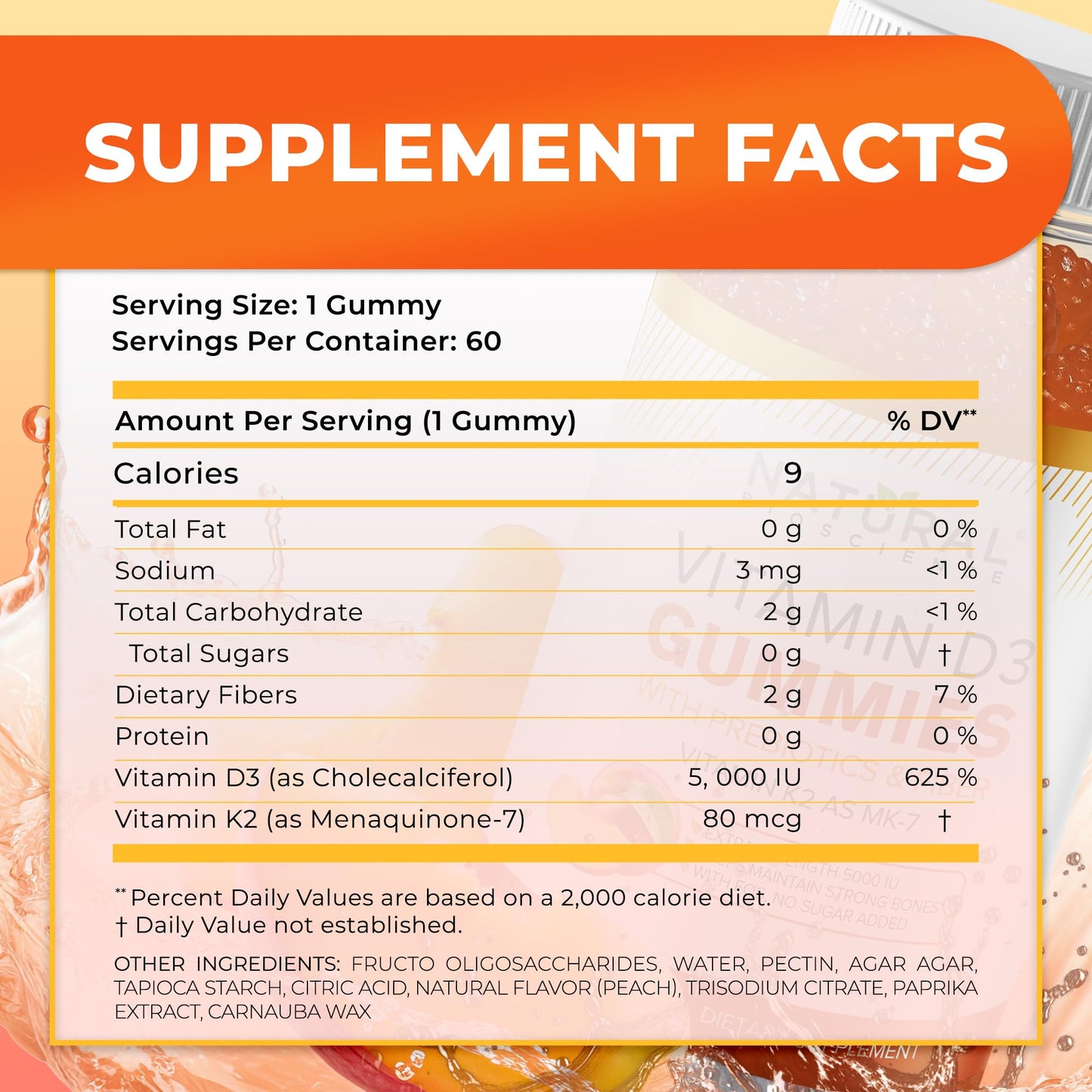Paquete de gomitas sin azúcar vitamina D3 K2 180 unidades