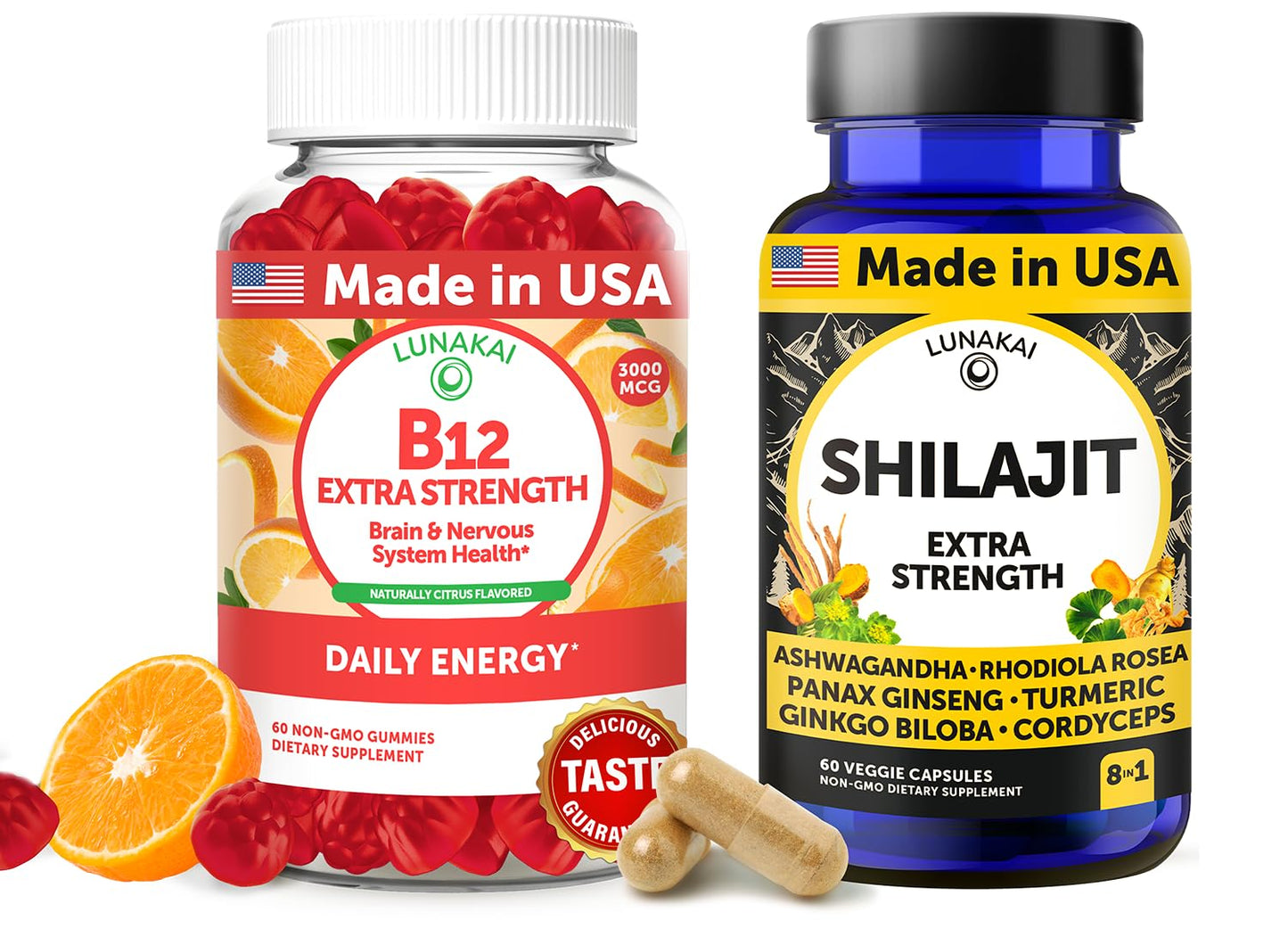 Paquete Lunakai gominolas B12 y cápsulas Shilajit para energía