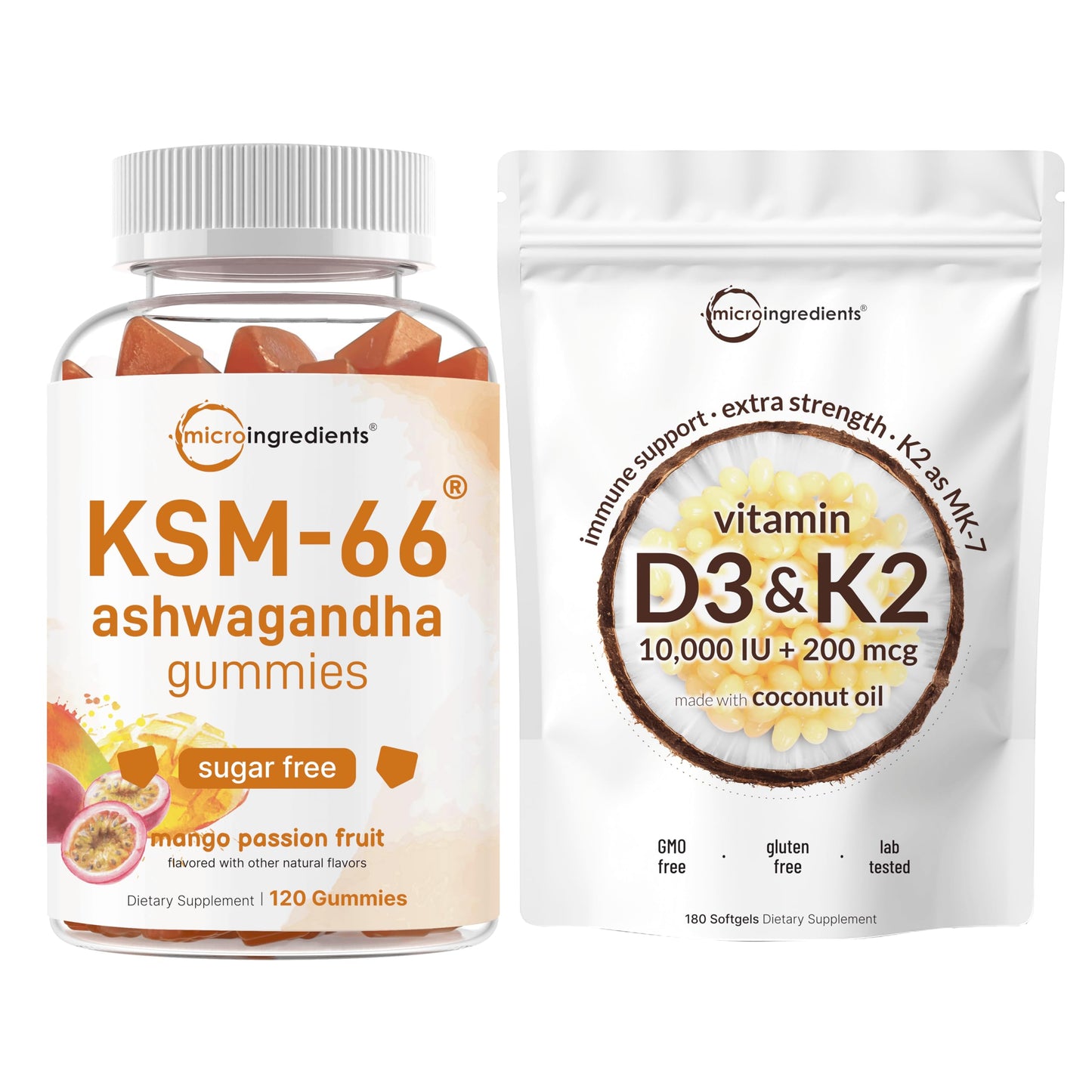 Paquete Micro Ingredients vitaminas D3 K2 y gomitas Ashwagandha