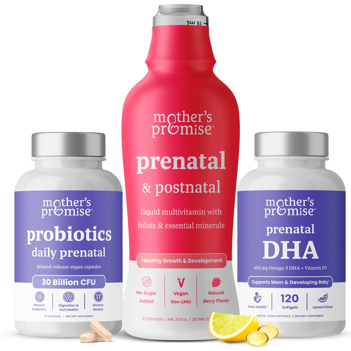 Paquete multivitamínico líquido, probióticos y DHA de Mother's Promise